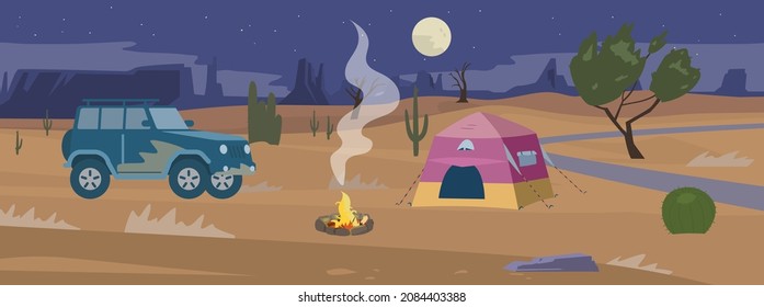Desert night camp panorama flat vector illustration. Tent and off road car near campfire.  