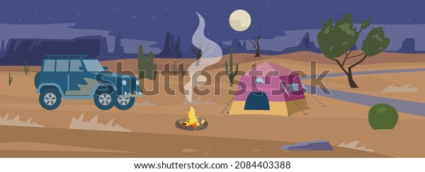 Desert night camp panorama flat vector
illustration. Tent and off road car near campfire. 
