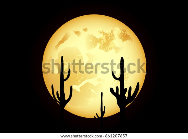 desert night full moon and\
cacti