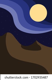 The desert at night with a full moon in the starry sky