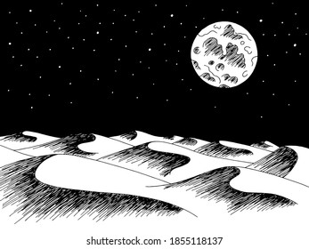 Desert Night Graphic Black White Landscape Sketch Illustration Vector