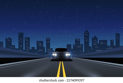 Desert Night Highway Illustration With A Car And Starry Sky