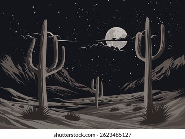 Desert night illustration with cactus and full moon