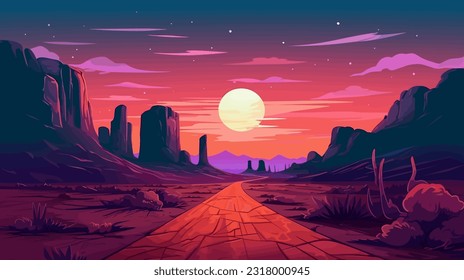 Ilustración del paisaje de la noche del desierto y el camino