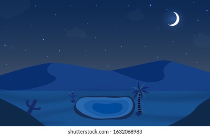 Desert night landscape. Oasis in hill sand and moon . Vector illustration.