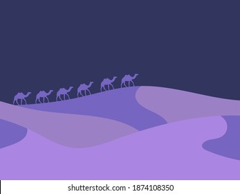 Desert night landscape with sand dunes and camels in a minimalist style. Boho decor for prints, posters and interior design. Mid Century modern decor. Vector illustration