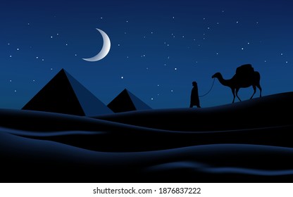 Desert At Night With Pyramids And A Man With Camel. Desert Night Landscape