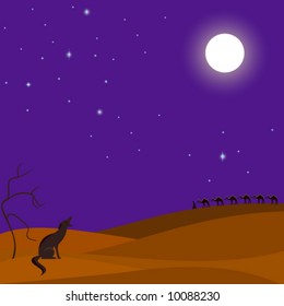 Desert night scene with camel caravan in background, a coyote howling at full moon in the foreground