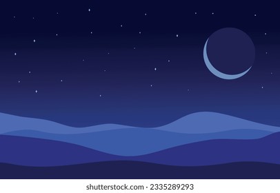 Vista de fondo del desierto en el cielo nocturno. Creciente sobre el desierto. Ilustración del vector