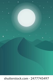 Desert night starry landscape, bright dunes illustration. Boho wall decor gradient flat 2d concept.Travel to Egypt