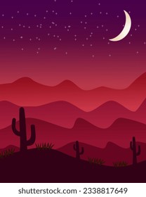 Desert Night View silhouette background with wild cactus