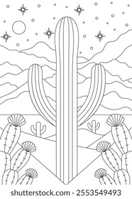 Desert Nightscape Coloring Page with Cactus 