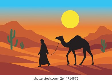 Desert Nomad and Camel at Sunset - Arte Vetorial Minimalista
