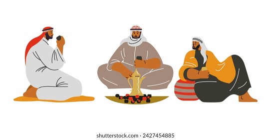 Desert nomadic Bedouins group sitting near fire, flat vector illustration isolated on white background. nomadic Arab people unique traditions and customs.