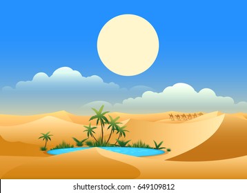 Desert oasis background. Egypt hot dunes with palm trees, bedouin and camels vector illustration
