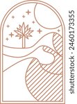 Desert oasis brown boho logo. sand, moon, palm, stars landscape aesthetic icon. Stock vector illustration isolated on white background in line style.