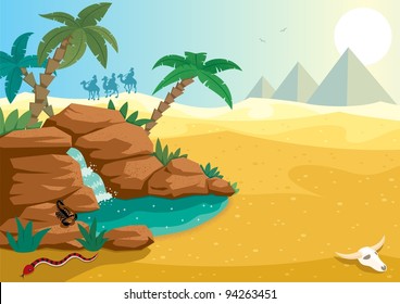 Desert Oasis: Cartoon illustration of small oasis in the Sahara desert. A4 proportions. No transparency used. Basic (linear) gradients.