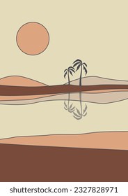 Desert oasis in daytime and water minimalistic printable illustration. Dunes and palms