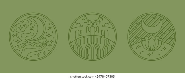 Desert oasis khaki boho logo set. sand, sun, moon, lotus. stars landscape aesthetic icon.