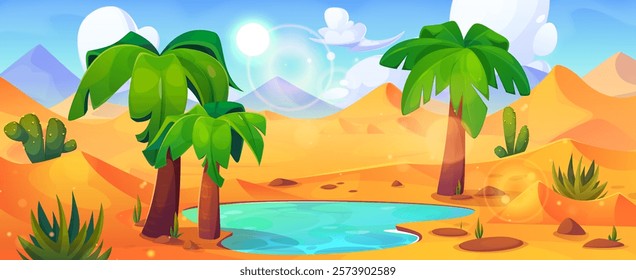 Desert oasis landscape - turquoise water pool surrounded by palm trees, sandy dunes under bright sunlight. Natural scene with cacti, succulents, distant mountains, white clouds on light blue sky.