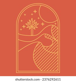 Logo del Oasis del Desierto naranja boho. arena, luna, palma, estrellas icono estético.