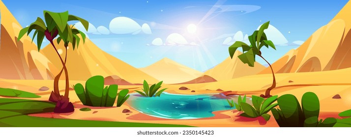 Desert oasis with palm tree cartoon landscape background. Egypt sahara game lake water mirage panorama scene for tropical journey. Sand pyramid mountain in drought nature summer wallpaper image