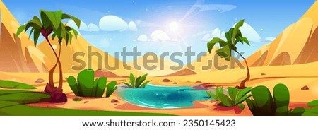Desert oasis with palm tree cartoon landscape background. Egypt sahara game lake water mirage panorama scene for tropical journey. Sand pyramid mountain in drought nature summer wallpaper image