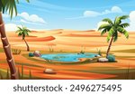 Desert oasis with palm trees, calm water, and sandy landscape under blue sky. Vector cartoon illustration