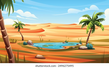 Oasis en el desierto con palmeras, aguas tranquilas y un paisaje arenoso bajo un cielo azul. Vector ilustración de dibujos animados