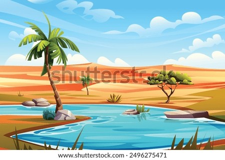 Desert oasis with palm trees, clear water, and sand dunes landscape under bright blue sky. Vector cartoon illustration
