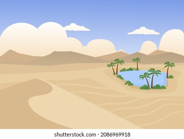 Desert with oasis and palm trees landscape. Brown sandy hills and hot blue sky with wilderness natural panorama environment with beautiful arid yelloe desert. Vector cartoon background.