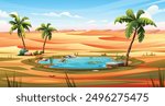 Desert oasis with palm trees, small lake, and surrounding sand dunes under sunny sky. Nature landscape vector cartoon illustration