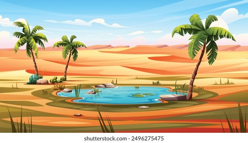 Desert oasis with palm trees, small lake, and surrounding sand dunes under sunny sky. Nature landscape vector cartoon illustration