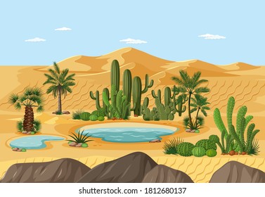 Desert oasis with palms and cactus nature landscape scene illustration