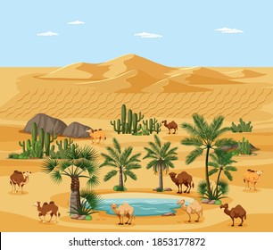 Desert oasis with palms and camel nature landscape scene illustration