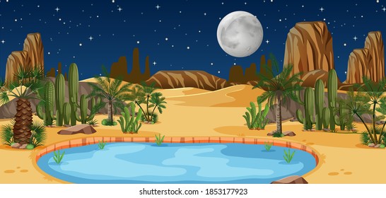 Desert oasis with palms and catus nature landscape at night scene illustration