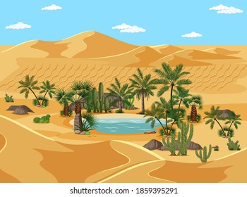 Desert oasis with palms and catus nature landscape scene illustration