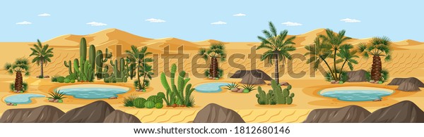 砂漠のオアシスとヤシの自然の風景イラスト のベクター画像素材 ロイヤリティフリー