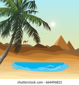 desert with oasis and pyramid