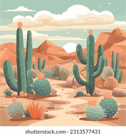 desert oasis. a stunning image capturing the allure of cacti amidst a serene landscape, perfect for a postcard