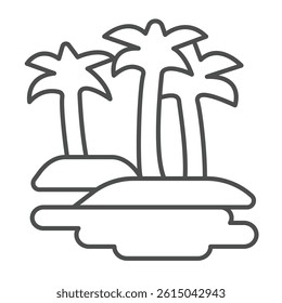 Desert oasis thin line icon, arabian desert concept. Vector graphics. Palm tree forest and water lake, mirage sign on white background, outline style icon for mobile or web design