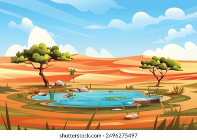 Desert oasis with trees, small lake, and surrounding sand dunes background. Nature landscape vector cartoon illustration