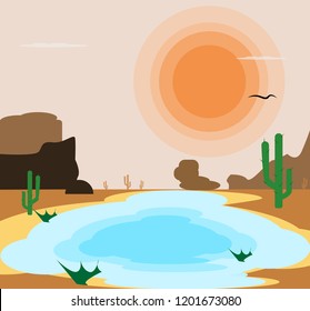 Desert on sunset flat vector illustration. Evening mountains cactuses and oasis in the desert. Desert landscape on dusk. Dry land background. Exploring world nature. Travelling and tourism concept