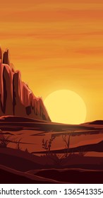 Desert, orange sunset, mountains, sand