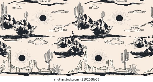 Desert  Outdoors  Adventure  Vector Pattern  Black   white  Western cartoon desert landscape seamless pattern and cactuses  herbs  sand dunes   stones  Detailed colored  background  Black white  