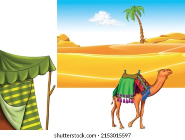 A desert with a palm, a camel and a tent
