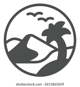 Desert with palm tree and sky birds solid icon, desert flora concept. Vector graphics. Palm tree in sandy desert sign on white background, glyph style icon for mobile or web design