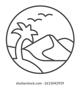 Desert with palm tree and sky birds thin line icon, desert flora concept. Vector graphics. Palm tree in sandy desert sign on white background, outline style icon for mobile or web design