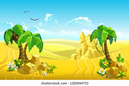 Desert. Palm trees among sands dunes. Vector illustration.