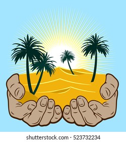 Desert and palm trees in a man's hand